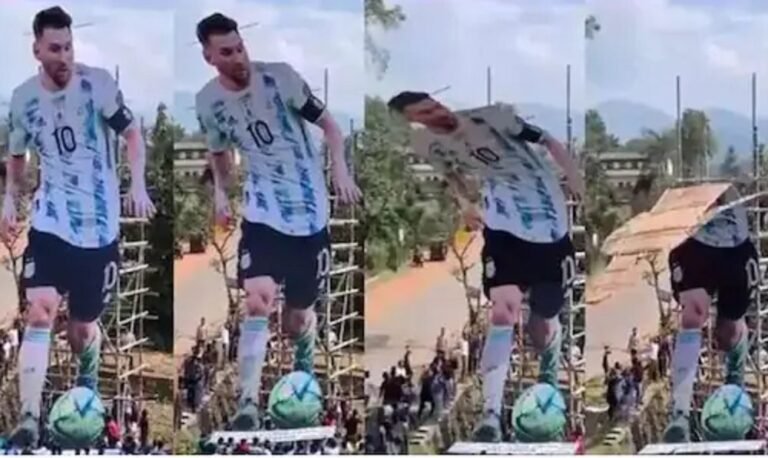 കവുങ്ങിൽ കാറ്റു പിടിച്ചു, മെസിയുടെ കട്ടൗട്ട് ഒടിഞ്ഞു വീണു; റെക്കോഡ് ഉയരത്തിൽ വീണ്ടും സ്ഥാപിക്കാനായി ക്രെയിനുമായി ആരാധകർ