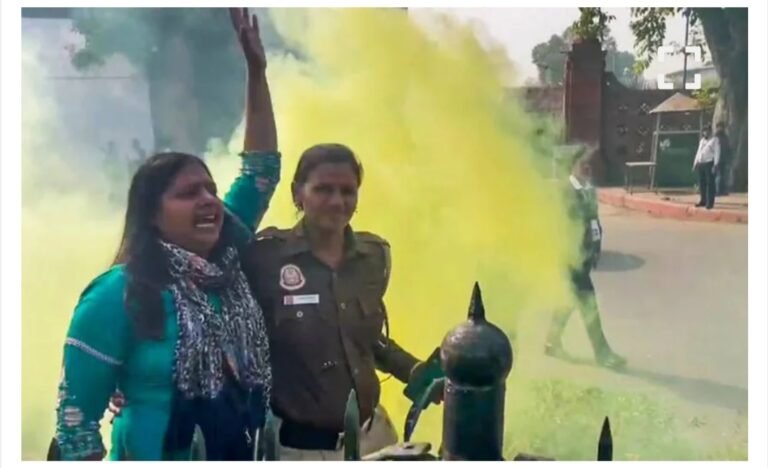 ‘താന ഷാഹി നഹി ചലേഗി’ -സ്വേച്ഛാധിപത്യം അംഗീകരിക്കില്ല- പാർലമെന്റിൽ കയറി യുവാക്കളുടെ പ്രതിഷേധം  മോഡിയുടെ അഭാവത്തിൽ